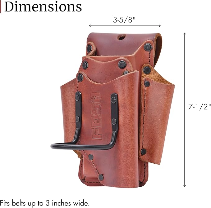 FESA Small Leather Tool Pouch - 5-in-1 Heavy Top Grain Leather Small Tool Pouch with a Steel Hammer Loop, 4 Pockets & Reinforced Heavy Duty Rivets - Fits Belts up to 3" - Handcrafted