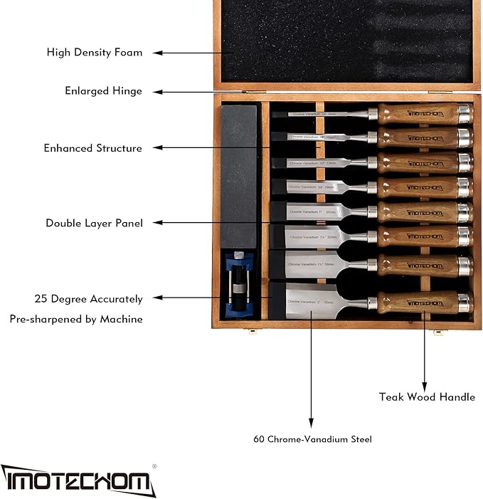 10-Pieces Woodworking Wood Chisel Set with Wooden Box, Honing Guide, Sharpening Stone, Razor Sharp CR-V 60 Steel Blades