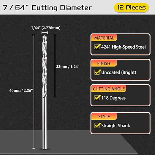 Drill Bit, 7/64" Cutting Diameter, 4241 HSS 118° Cutting Angle Uncoated Bright Versatile Jobber Bits - (Applications: for Drilling Plastic Wood Soft Metal), 12-Pieces