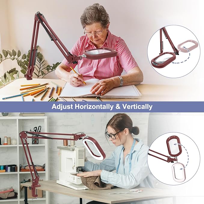 10X Rectangle Magnifying Glass with Light and Clamp, 5 Color Modes Stepless Dimmable, Lighted Magnifier with Stand Hands Free, Flexible Swing Arm LED Desk Lamp for Close Work, Craft, Reading - Red
