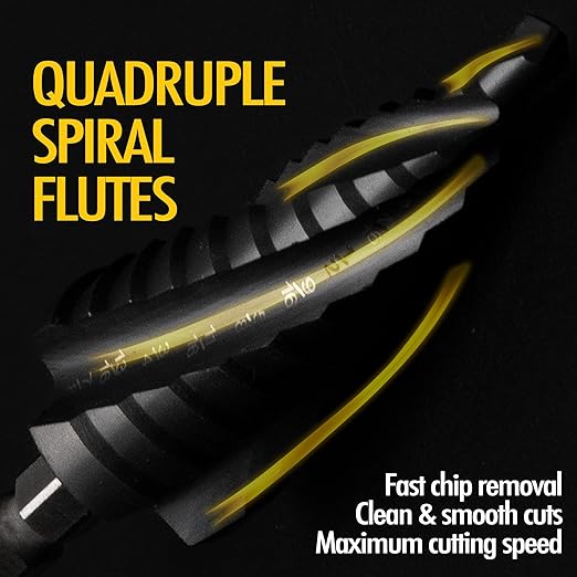 Four Spiral Flute Cobalt Step Drill Bit, 1/4" - 1-3/8" M35 TiAlN Coating Impact Ready Unibit Step Drill Bit, Tri-Flat Shank Shank Step Bit for Metal, Stainless Steel, Aluminum, Plastic