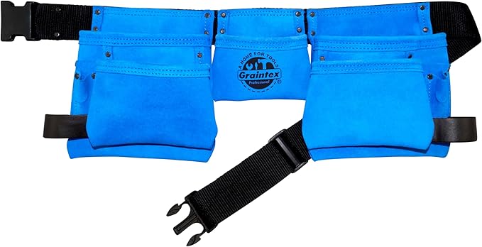 Graintex DS2125 11 Pocket Royal Blue Color Suede Leather Tool Belt/Tool Bag/Work Apron, 2 Hammer Loop, Adjustable Belt | Construction, Carpenter, Roofing, Drywall, Electrician, Gardening, DIY