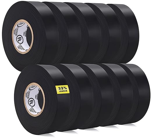 Vinyl Electrical Tape Black, Professional Grade, 3/4 inch x 66ft, Pack of 10
