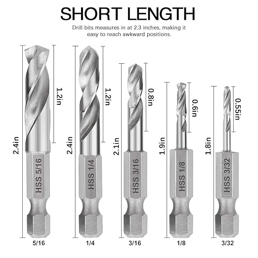 COMOWARE Stubby Drill Bit Set for Metal, 5pcs HSS M2 Short Length Drill Bit with 1/4-Inch Quick Change Hex Shank