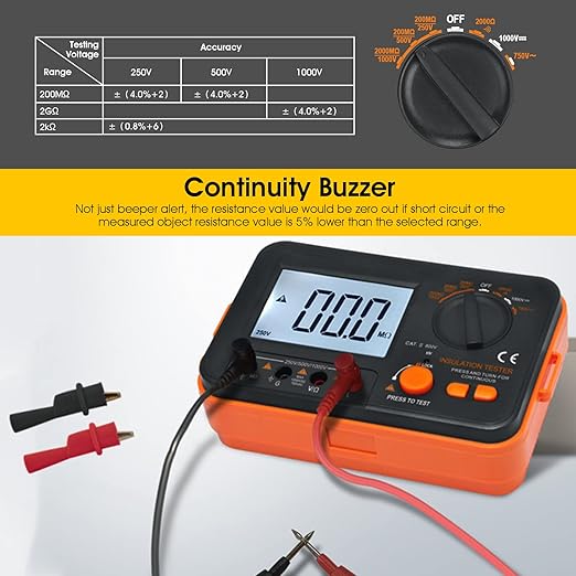BTMETER Megohmmeter 1000V Insulation Resistance Tester, Electrical Megaohm Meter 200MΩ~2K Megohm Megger with 250V/500V/1000V Testing Voltage, Digital Multimeter Measure AC DC Voltage