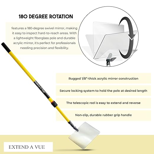 Telescoping Inspection Mirror - Standard Fiberglass, Lightweight & Durable, 4 ft - 8 ft Pole, 3.5 x 6 inch Acrylic Mirror