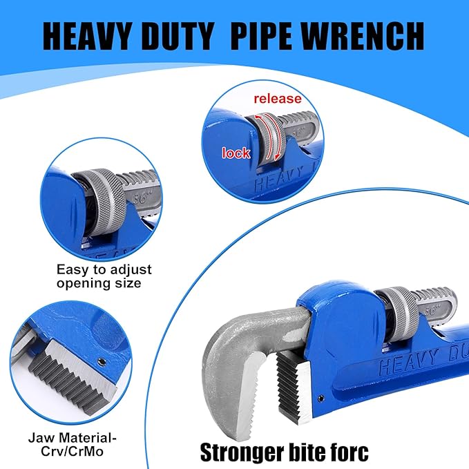 Gisafai 8'' 10'' 12'' 14'' 18'' 24'' 38'' 48'' Straight Heavy Duty Pipe Wrench Set Plumber Adjustable Water Alloy Steel Grip Plumber's Wrench Plumbing Tools, Blue