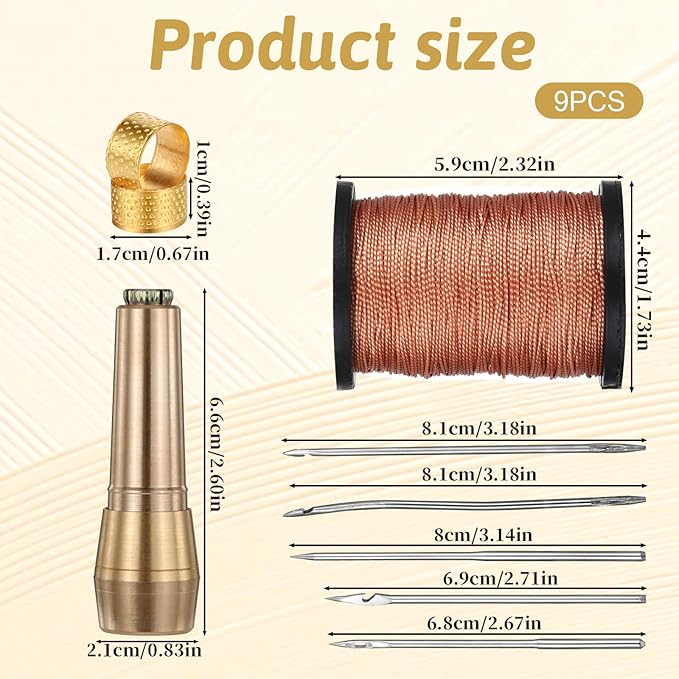 9pcs Canvas Leather Sewing Awl Needle with Copper Handle 45m Nylon Waxed Thread Cord with Thimble Assortment Kit Leather Sewing Tools for Canvas Shoe and Repair