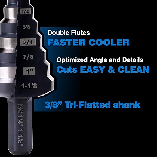 1/4 to 1-1/8 Inches M2 HSS Step Drill Bit, Unibit for Cutting Stainless Steel, Metal, Wood & Plastic