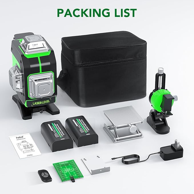 Laser Level, 4x360° Self Leveling Green Cross Line Laser for Construction and Picture Hanging with Rechargeable battery, Remote Controller, Magnetic Rotating Stand