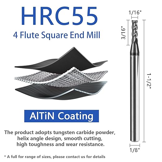5pcs 1/16" Carbide Square End Mill Bits Set for Alloy Stees/Hardened Steels,Hrc55 Micro Grain Carbide Milling Cutter 4Flute CNC Router Bits with AlTiN Coating