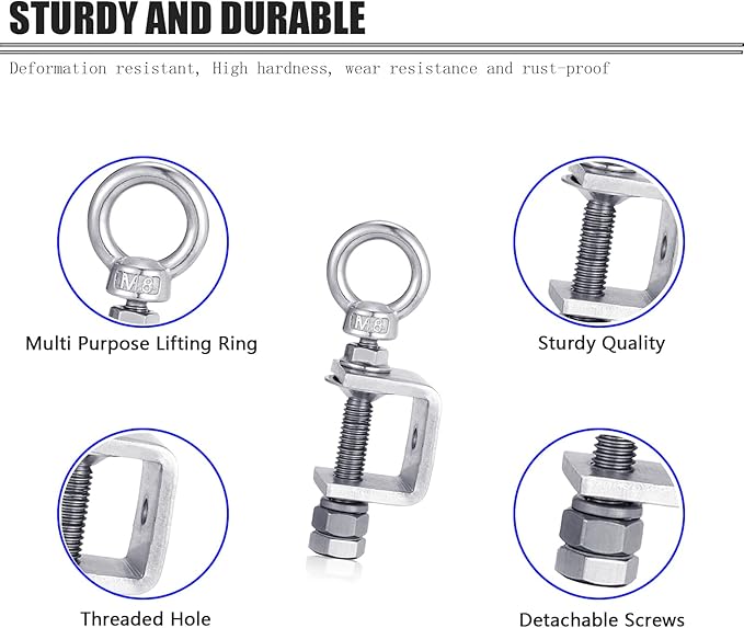 6-Pack Small C Clamps – 304 Stainless Steel Beam Clamps with M8 Screw Ring | Adjustable, Rust-Resistant I Beam Clamps for Ring Beams, Welding, Woodworking, Plants & Desk Use. Wide Jaw Openings (30MM)
