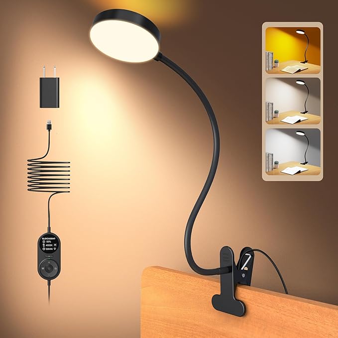Glocusent Clip on Light, 72-LED Clip on Lamp with Amber Night Light, 3 Colors & 5 Brightness Bed Lamp, 30-Min Auto Off Timer, Perfect Eye Caring Reading Lamps for Bed/Bunk Bed
