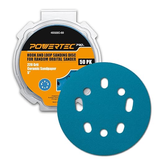 POWERTEC PRO 50PK, 5 Inch Sanding Discs Hook and Loop, 220 Grit, Ceramic Orbital Sander Sandpaper for 5 & 8 Hole Random Orbital Sanders - Automotive, Paint, Metal, Woodworking (45322C-50)