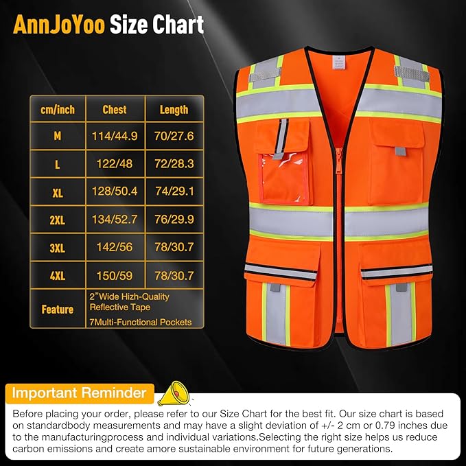 Class 2 Safety Vest with Zipper Front and multiple Pockets, High Visibility Vest, Meets ANSI/ISEA Standards