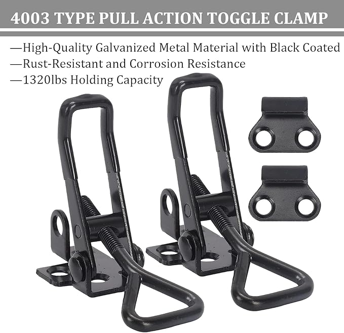 4 Pack Toggle Clamp Latch 4003 Style 1320lbs Capacity, Black Adjustable Toggle Clamps with Lock, Heavy Duty Latch Clamp with Quick Metal Release for Cabinet Boxes, Trunk Clamps and Smoker Doors