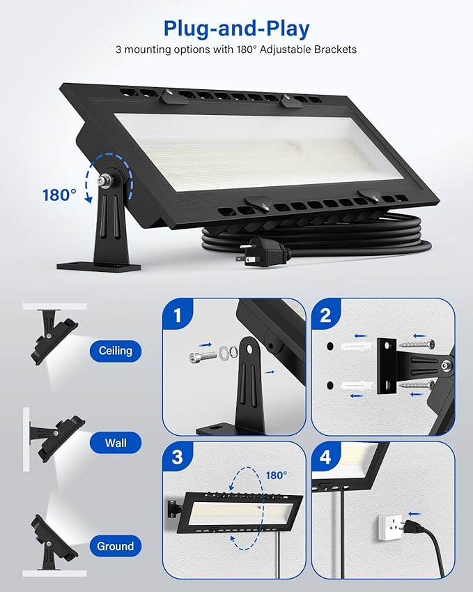 120W LED Shop Lights with Remote, 5FT Power Cord and US Three-Prong Plug, 18000LM 6000K, Aluminum Garage Lighting, IP65 Waterproof, Plug & Play for Warehouse, Workshop, Basement, 2PCS