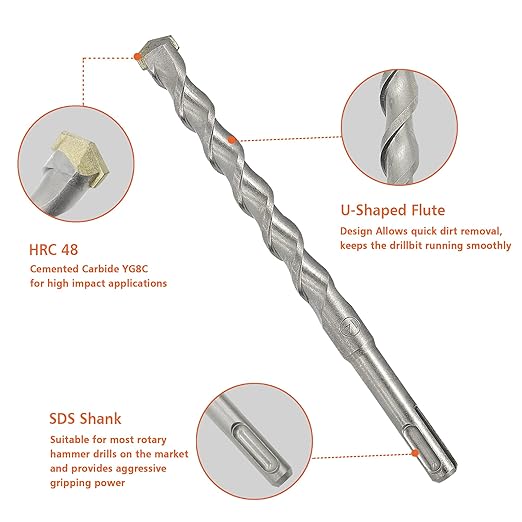 17Pcs SDS Plus Rotary Hammer Drill Bit Set,Concrete Drill Bit Kit with Point Chisel,Flat Chisel,Cross Type Double Thread Carbide Material for Concrete,Bricks,Tiles,Stone and Glass