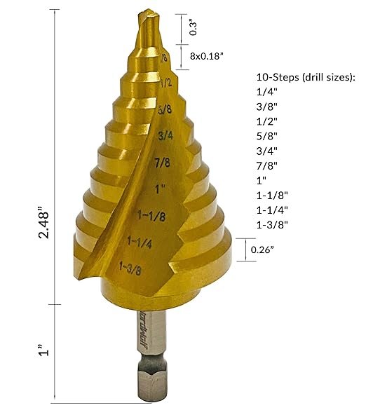 NordWolf HSS Titanium SAE Step Drill Bit, Spiral Groove Double Flute Unibit with 1/4" Hex Shank for Sheet Metal, 10 Imperial Step Sizes 1/4" to 1-3/8"