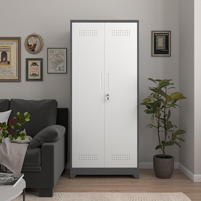 72.8" H Utility Closet Cabinet, Broom Closet Storage Cabinet with Locking Doors, Garage Tool Cabinets with Hanging Rod, Cleaning Storage Cabinets for Garage,Bedroom Office Grey&White