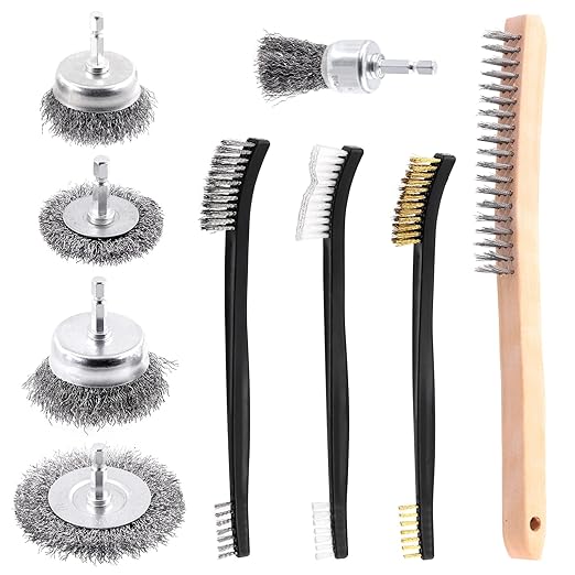 Glarks 9Pcs Wire Scratch Brush Set, Including 5Pcs Wire Wheel Cup Brushes,3Pcs Mini Wire Brush and Stainless Steel Wire Brush for Cleaning Dirt, Rust and Paint Remover