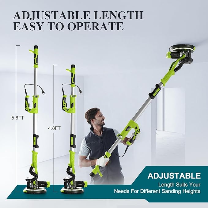AMYBEST Drywall Sander, Powerful Electric Drywall Sander with Vacuum Dust Collection, 5 Speed 1000-2100 RPM, Popcorn Ceiling Remover, LED Light & 12 Sanding Discs, Extendable Handle (GREEN）