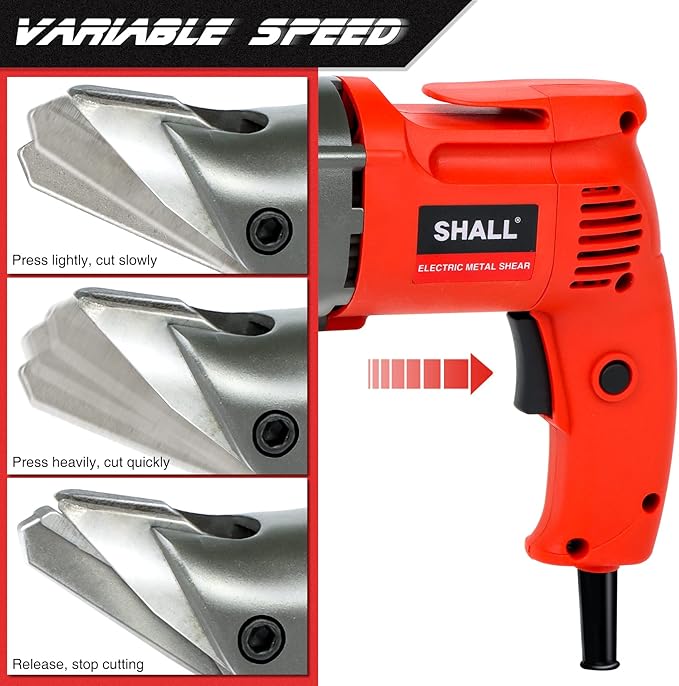 SHALL Electric Metal Cutting Shear, 4.0-Amp Corded Sheet Metal Cutter, Variable Speed with 360 Degree Swivel Head, Continuous Cutting, Clean Cut for 14GA Sheet Metal & 16GA Stainless Steel, 2500 SPM