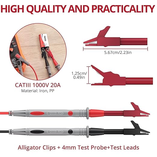 BINTA Multimeter Test Leads Kit for Home DIY, Electrical Test, Car Maintenance, Test Leads Kit with Replaceable Test Probes, Alligator Clips, Insulated Cap, Wrench CATIII 1000V 20A