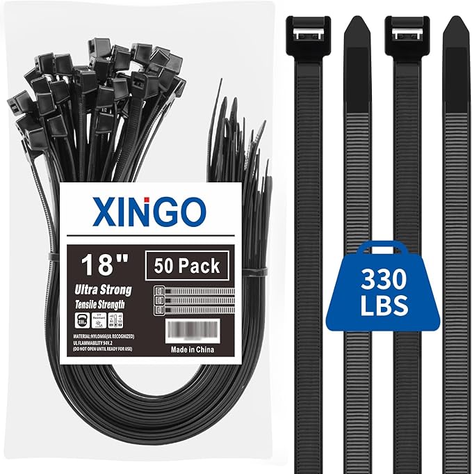 XINGO 18 Inch Black Large Zip Ties Heavy Duty 50 Pack, 330 LBS Ultra Exclusive Strong Plastic Wire Ties, Large Cable Ties Extra Long Ties Wraps For Indoor and Outdoor Use