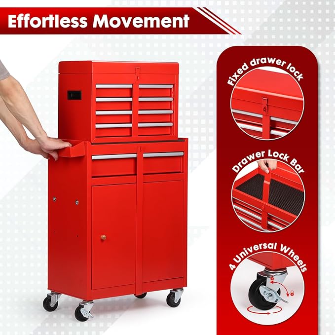 5-Drawer Rolling Tool Chest with Wheels - High Capacity Tool Cabinet with Detachable Top Toolbox for Garage and Workshop Organization - Metal Tool Cart with Liner & 4 Hooks, Red