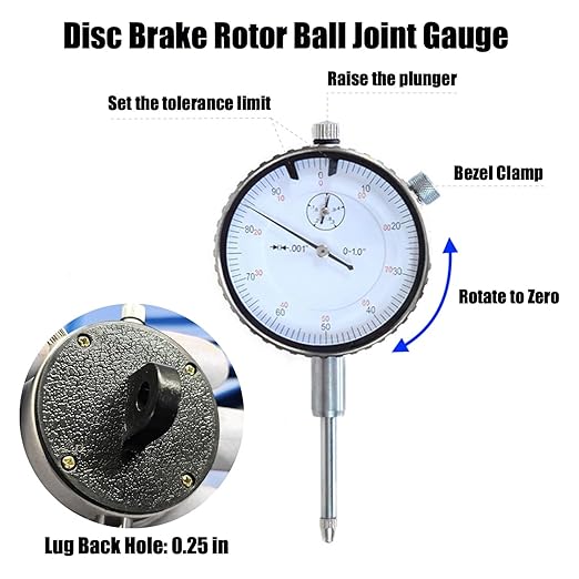Disc Brake Rotor Ball Joint Gauge, 0-1” by 0.001” Dial Indicator, Automobile Brake Disc Flatness Runout Backlash Measuring Tool, with 13” Flexible Stem Holder & Locking Pliers
