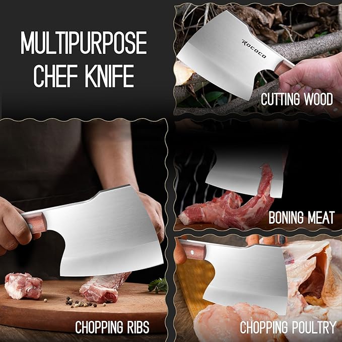 ROCOCO Meat Bone Cleaver Knife for Meat Cutting Heavy Duty Butcher Axes Hand Forged Full Tang Chopper for Kitchen Thanksgiving Christmas Gifts Idea Men Silver