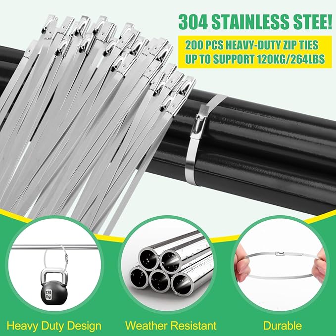 Heavy Duty Stainless Steel Cable Tie Gun Kit with 200 PCS 8.3 Inch Self-Locking Metal Zip Ties, Adjustable Tension & Cutting Tool for Garden Fence Repair, Outdoor Projects, Automotive (8.3'')