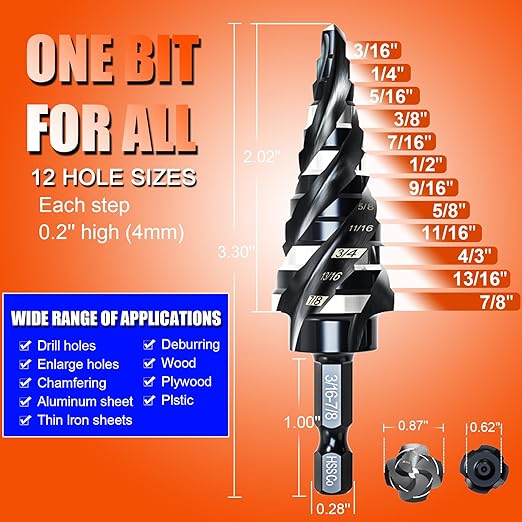 Four Spiral Flute Step Drill Bit for Metal,M35 Cobalt Unibit Step Drill Bit Set 3/16" - 7/8"(12 Sizes),Wear-Resistant AlTiN Coated,1/4" Hex Shank for Metal, Stainless Steel, Aluminum, Plastic