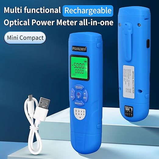 Rechargeable Optical Power Meter L-C50-15km mini Fiber Cable Tester Suitable for SC/FC/ST/LC Interface 4-in-1 Function Built-in 15km Visual Fault Locator RJ45 Network Testing with 1 FC-LC Adapter
