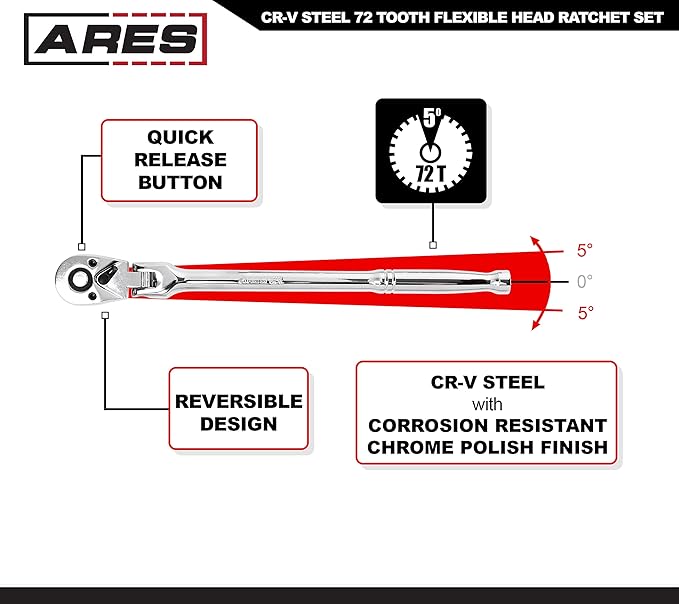 ARES 42028 - Flex Head Ratchet Set - 3-Piece 72-Tooth Ratchet - Premium Chrome Vanadium Steel Construction & Chrome Plated Finish - 72-Tooth Quick Release Reversible Design with 5 Degree Swing