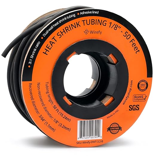 Wirefy 1/8" Heat Shrink Tubing - 3:1 Ratio - Adhesive Lined - a resistant Heat Shrink - Black - 50 Feet Roll