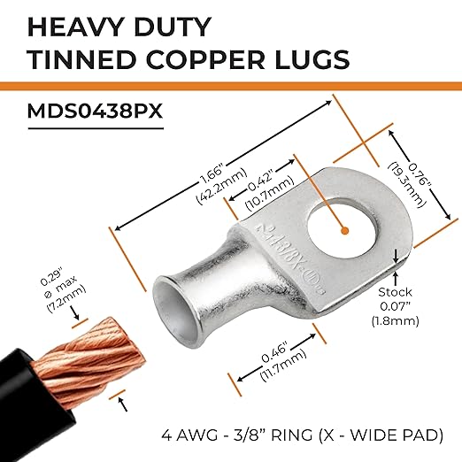 SELTERM 10pcs 4 AWG-3/8 Stud (X - Wide Pad) Tinned Copper Wire Lugs, Heavy Duty Battery Cable Ends,4 Guage Ring Terminals, UL Battery Lugs Marine Grade Copper Eyelets Battery Terminal Connectors