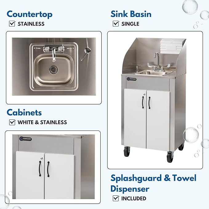 Ozark River Portable Sinks Elite PRO1, Free Standing Portable Concession Sink, Commercial Restaurant Portable Sink with Hot Water, Stainless Food Service Sink, White Doors-White Edges-Splashguard