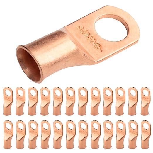 SELTERM 25pcs 2/0 AWG 1/2" Stud Battery Lugs, Ring Terminals, Heavy Duty Copper Wire Lugs, Battery Cable Ends, 00 Gaug Ring Terminal Connectors, UL Bare Copper Eyelets Electrical Battery Cable Lugs