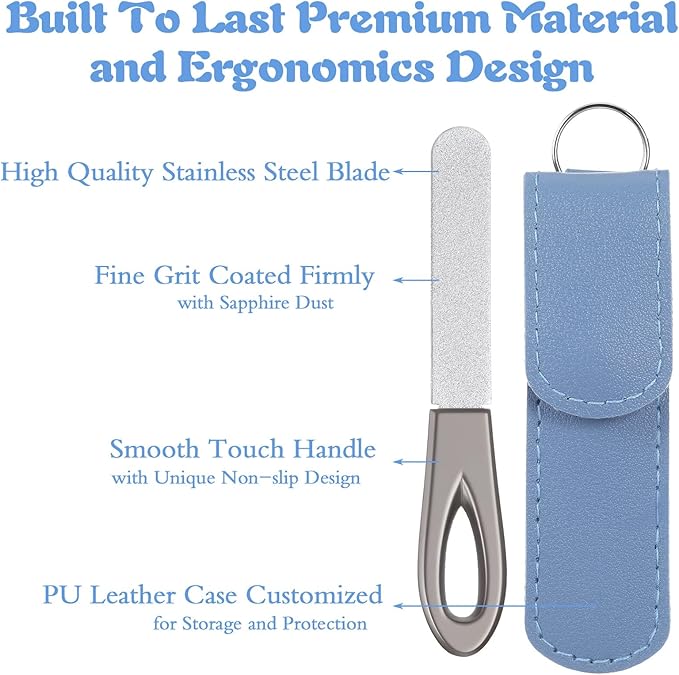 2 Pcs Stainless Steel Nail File,Metal Nail Files for Natural Nails,3.5IN Diamond Round Tip Stainless Steel Double Metal Nails File with Leather Sheath Travel (Black,Blue