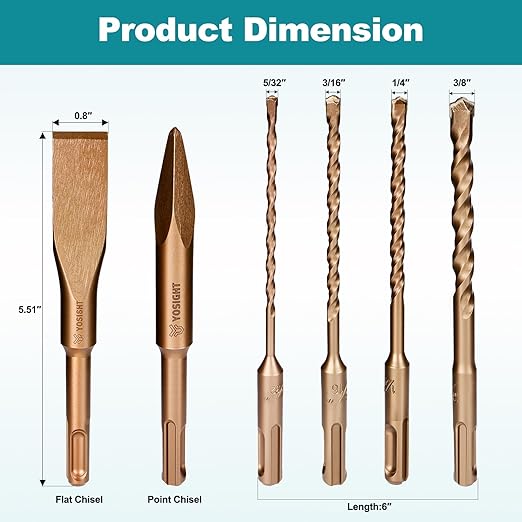 6Pcs SDS-Plus Rotary Hammer Drill Bits and Chisel Set, 3/8 1/4 3/16 5/32 inch Drill Bits, a Flat and a Point Chisel for Concrete Stone Brick