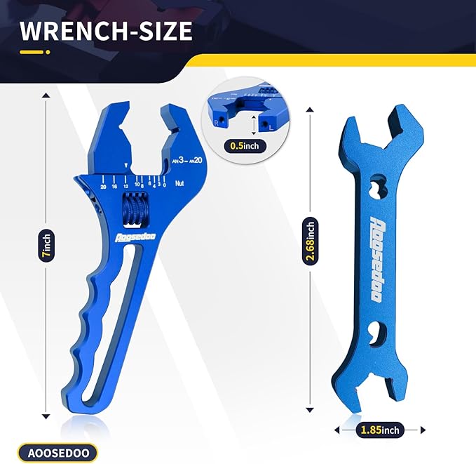 3AN-20AN AN Fitting Wrench AN Fitting Tool for AN Hose Fitting Assembly Adjustable Lightweight Aluminum Blue With 6AN-AN8 Double-ended AN Wrench Blue