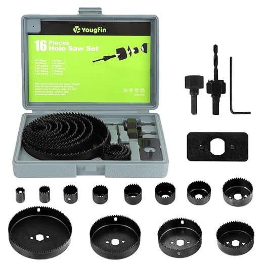 Yougfin Hole Saw Kit, 16 Pieces Hole Saw Set w/ 12Pcs Saw Blades, 2Pcs Mandrels, Install Plate & Hex Key - Ideal for Soft Wood, Plywood, Drywall, PVC - Sizes 3/4"-5" (19-127mm)