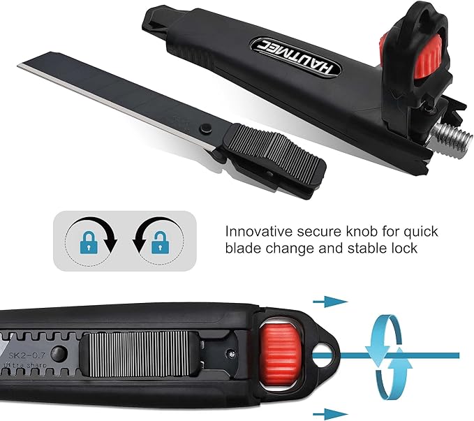 HAUTMEC 18mm Heavy Duty Utility Knife, Box Cutter with Double Lock Mechanism, Auto-Lock and Ratchet-Lock, SK2 Sharp Black Blade for Industrial or Construction Applications HT0136-KN