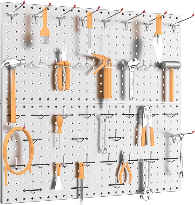 TORACK Metal Pegboard Wall Organizer 24" x 24" or 12" x 48", 70PCS Tools Storage Pegboard for Garage Peg Board Tool Organizer Board with Hooks for Workbench(Grey)