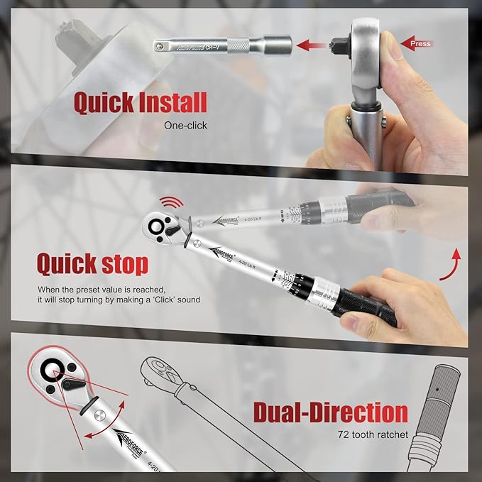 AEROFORCE 1/4 inch 37Pcs Drive Click Torque Wrench Set（4-20 Lb.ft/5.4-27.2 Nm）,Dual-Direction Reversible 1/4" Bike Torque Wrench with Extension Bar, Sockets&Universal Joint, Maintenance Kit for MTB.