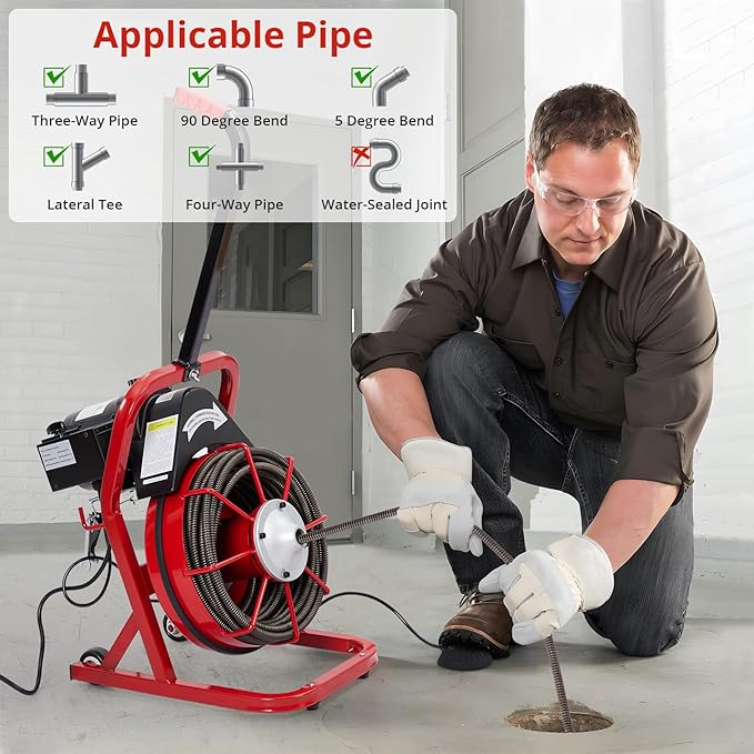50Ft 3/8 Inch Electric Drain Cleaner Machine Auto Feed Drain Auger for 1 to 4 Inch Pipes Professional Sewer Snake with 4 Cutters Gloves Heavy Duty Clog Remover