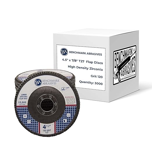 Benchmark Abrasives 4.5" x 7/8" Premium High Density Jumbo Zirconia Type 27 Flap Discs 4 1/2 for Angle Grinder, Sanding Discs, Finishing - Grinding Wheels 4 1/2 inch - (3000 Pack) - 120 Grit