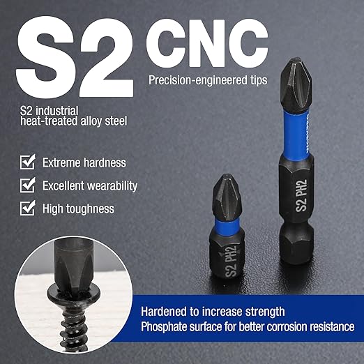 WORKPRO 16pcs PH2 Impact Phillips Screwdriver Bit Set, CNC Machined S2 Steel Tips with Magnetism, 1/4" Hex-Shank Driver Bits, 1"& 2" Long Impact Screwdriving Bits with Storage Box